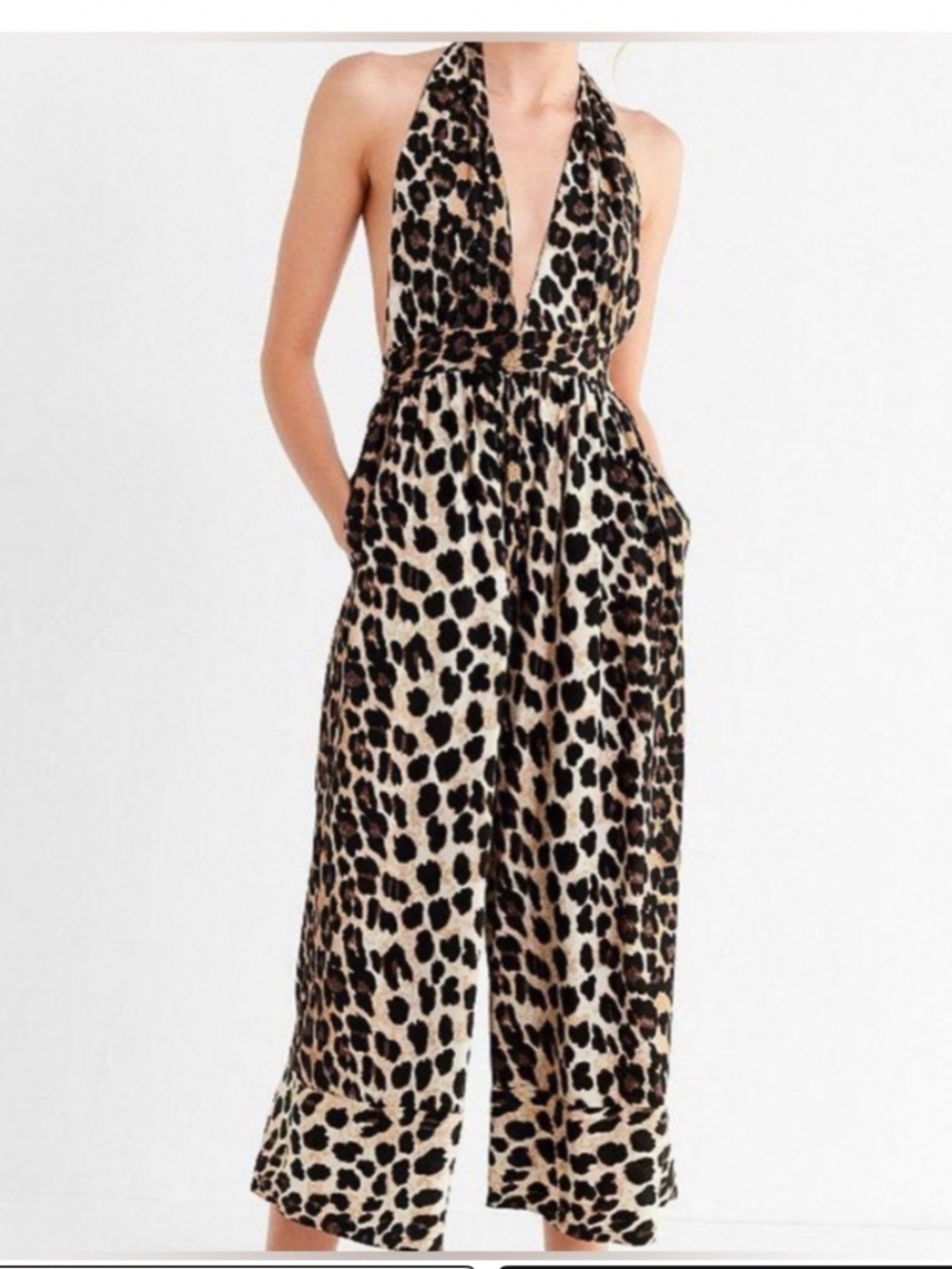 Urban Outfitters Animal Print Halter Jumpsuit Tan and Black Medium Boho Baddie